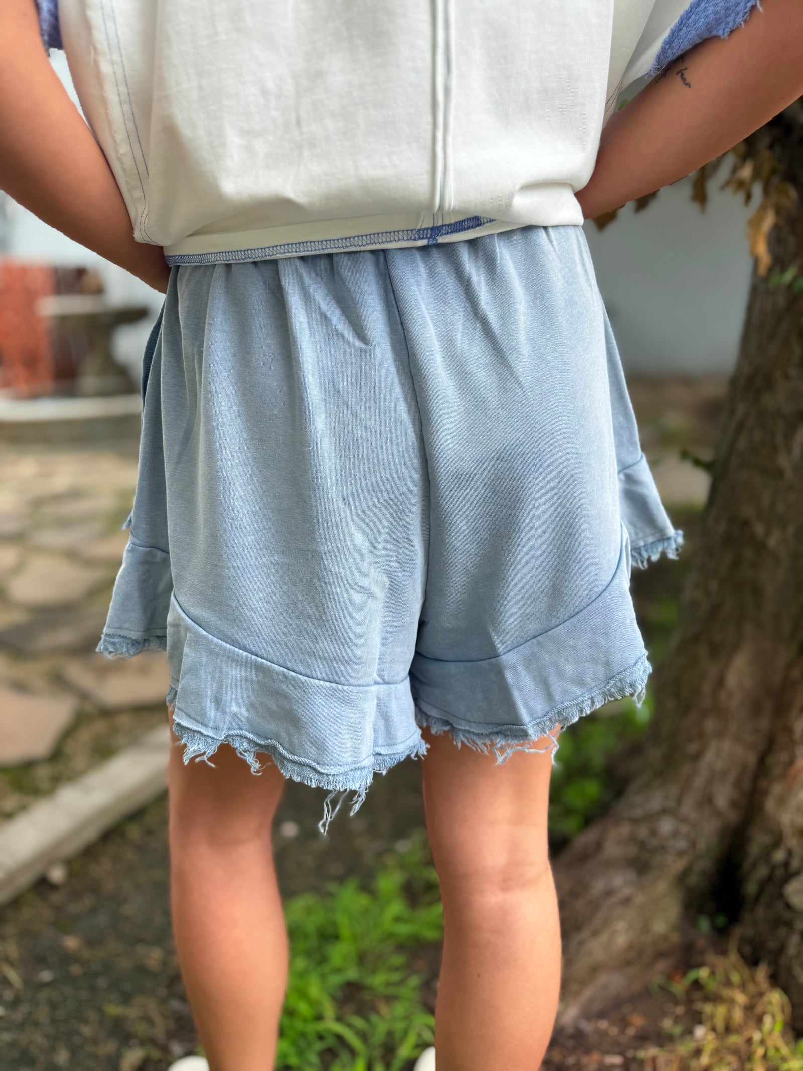 Sage + Fig Blue Sunset Washed Fray Shorts