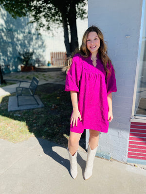 Magenta Floral Lace Contrast Dress