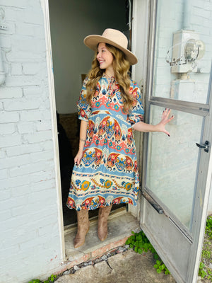 Blue Mix Boho Print Midi Dress