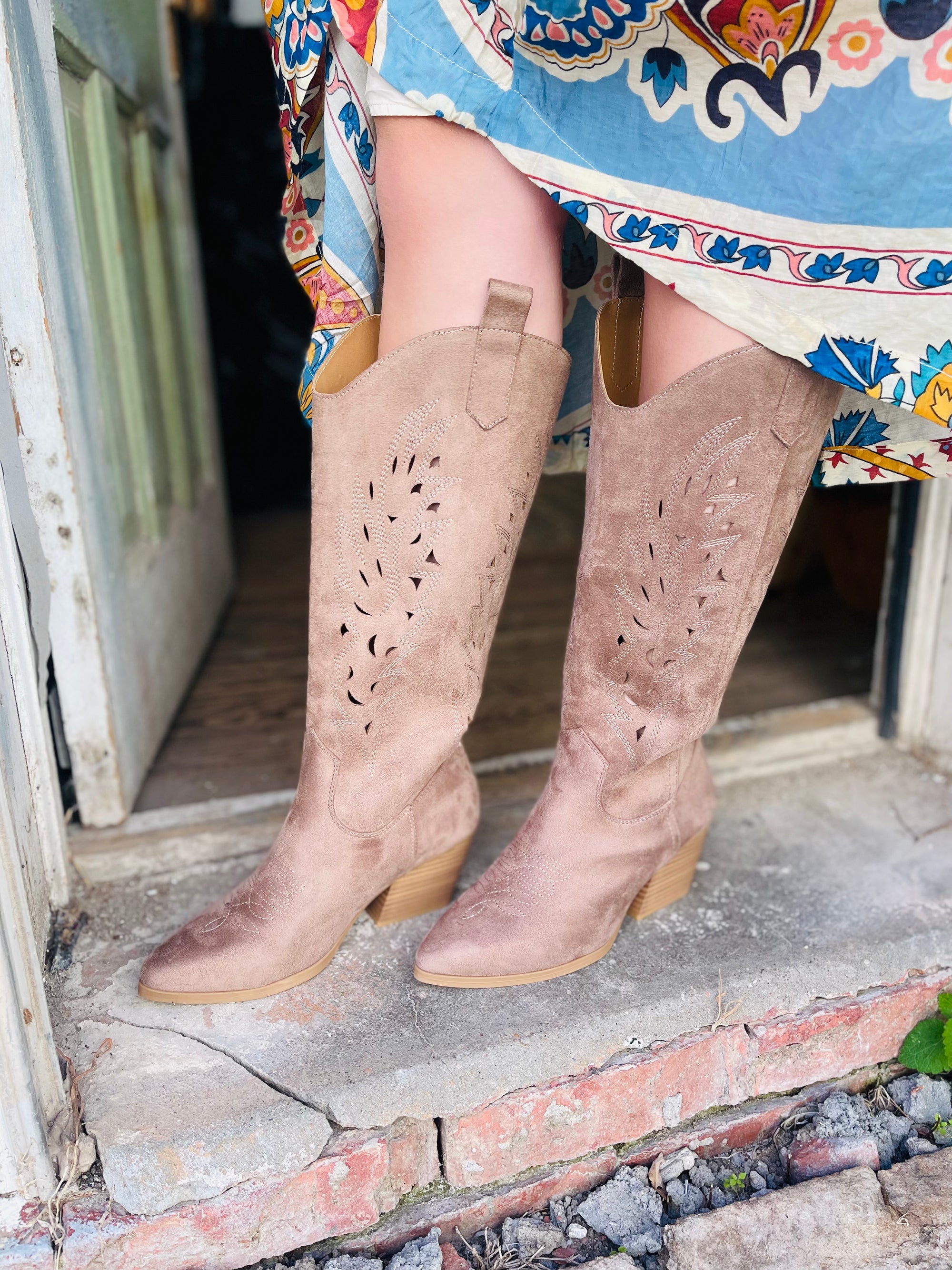 Brown Perforated Leather Tall Western Boots