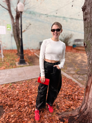 Faux Leather Barrel Pants w/ White Stitching