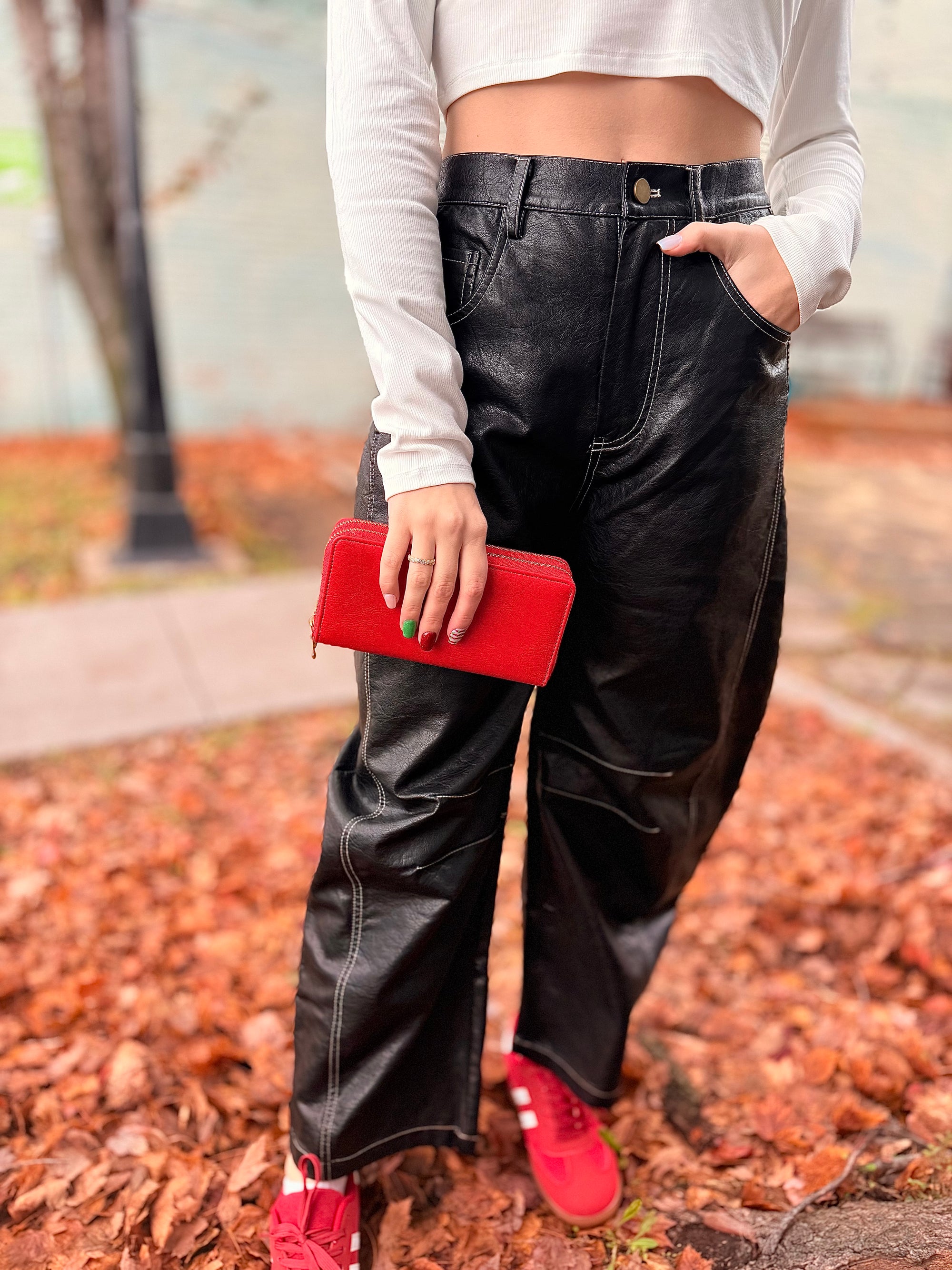 Faux Leather Barrel Pants w/ White Stitching