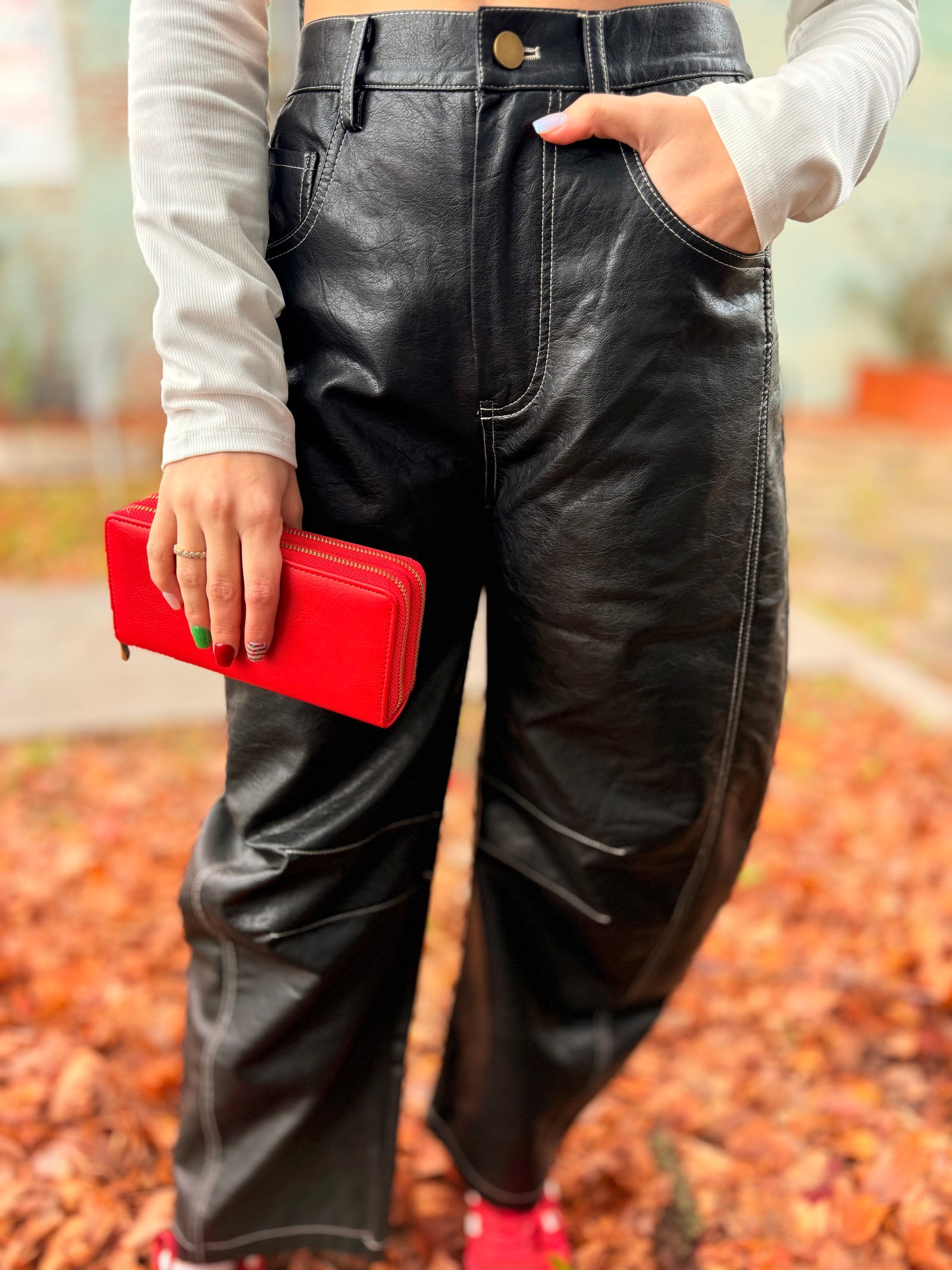 Faux Leather Barrel Pants w/ White Stitching