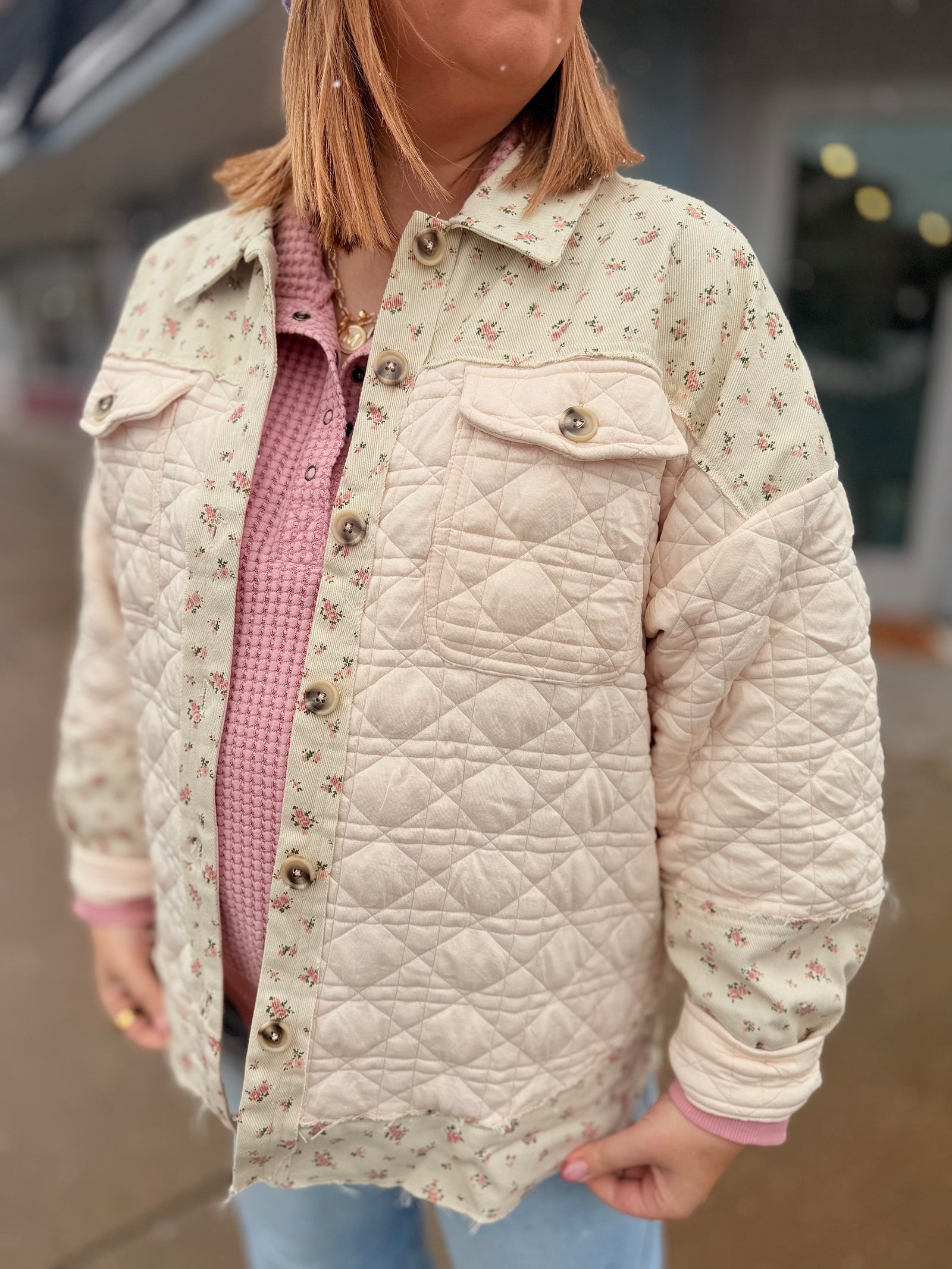 Cream Floral Oversized Contrast Jacket