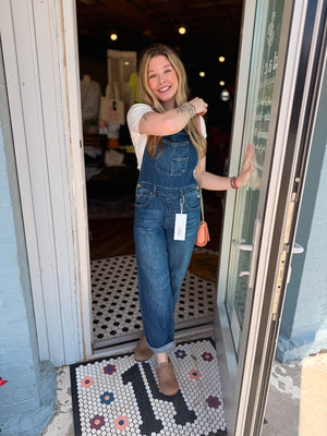 Risen Dark Wash High Rise Barrel Rolled Hem Overall