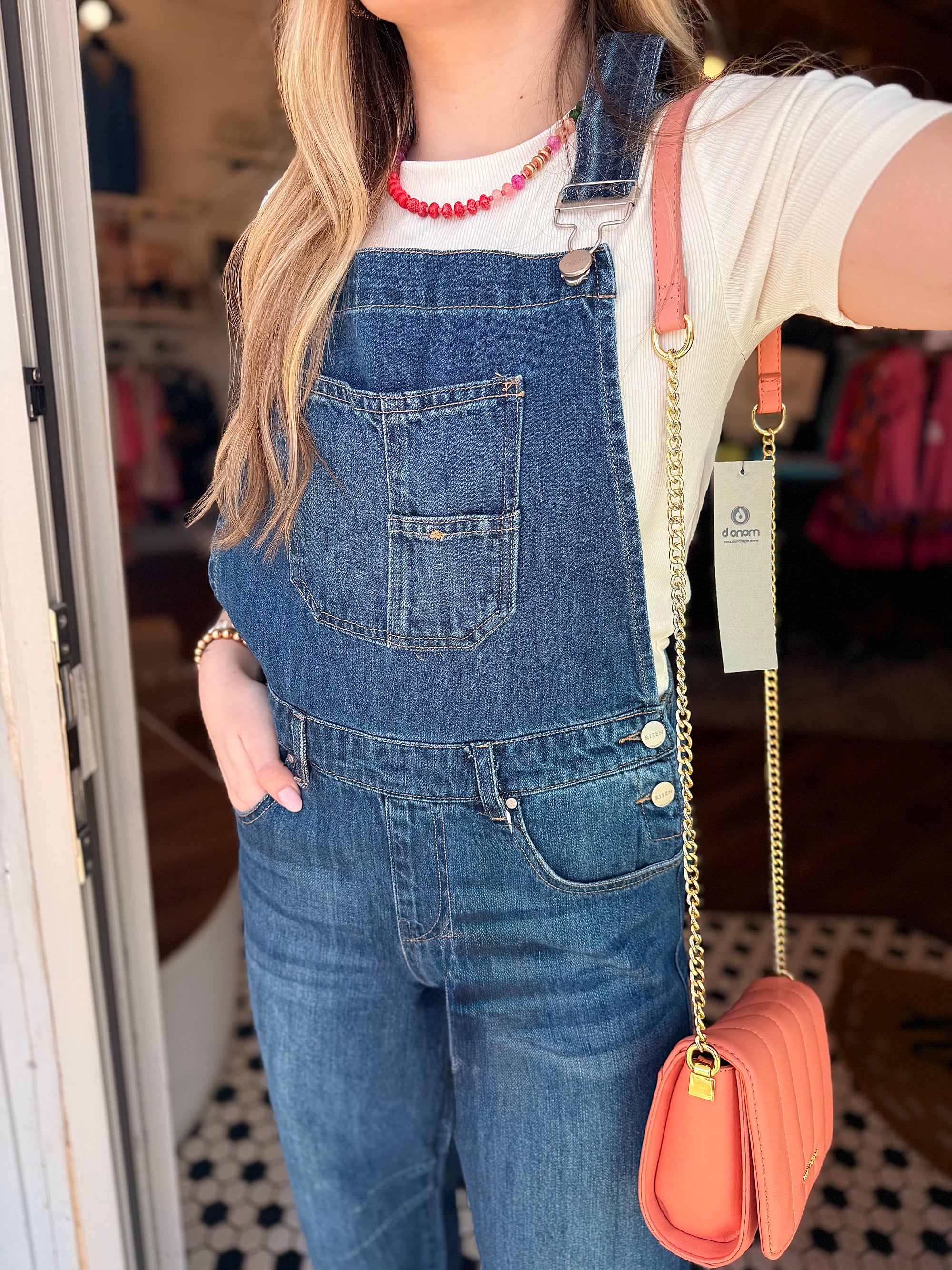 Risen Dark Wash High Rise Barrel Rolled Hem Overall