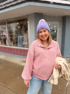 Pink Waffle Knit Quarter Button Down Top