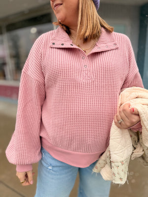 Pink Waffle Knit Quarter Button Down Top