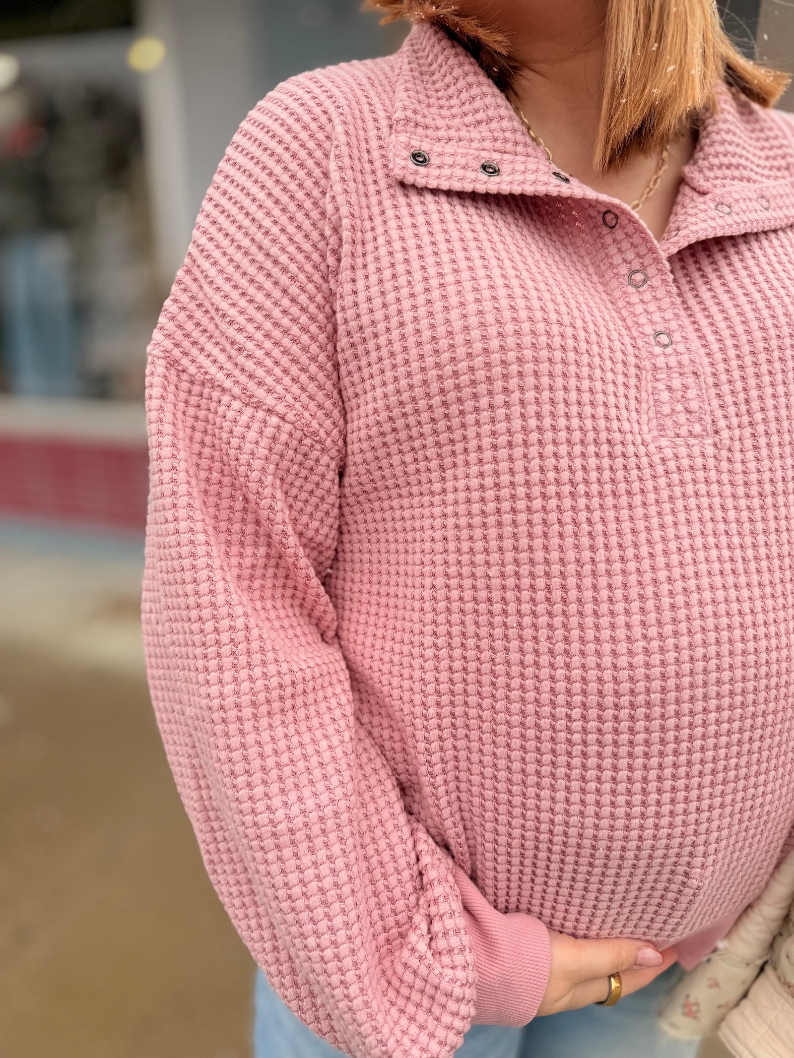 Pink Waffle Knit Quarter Button Down Top