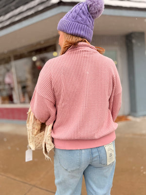 Pink Waffle Knit Quarter Button Down Top