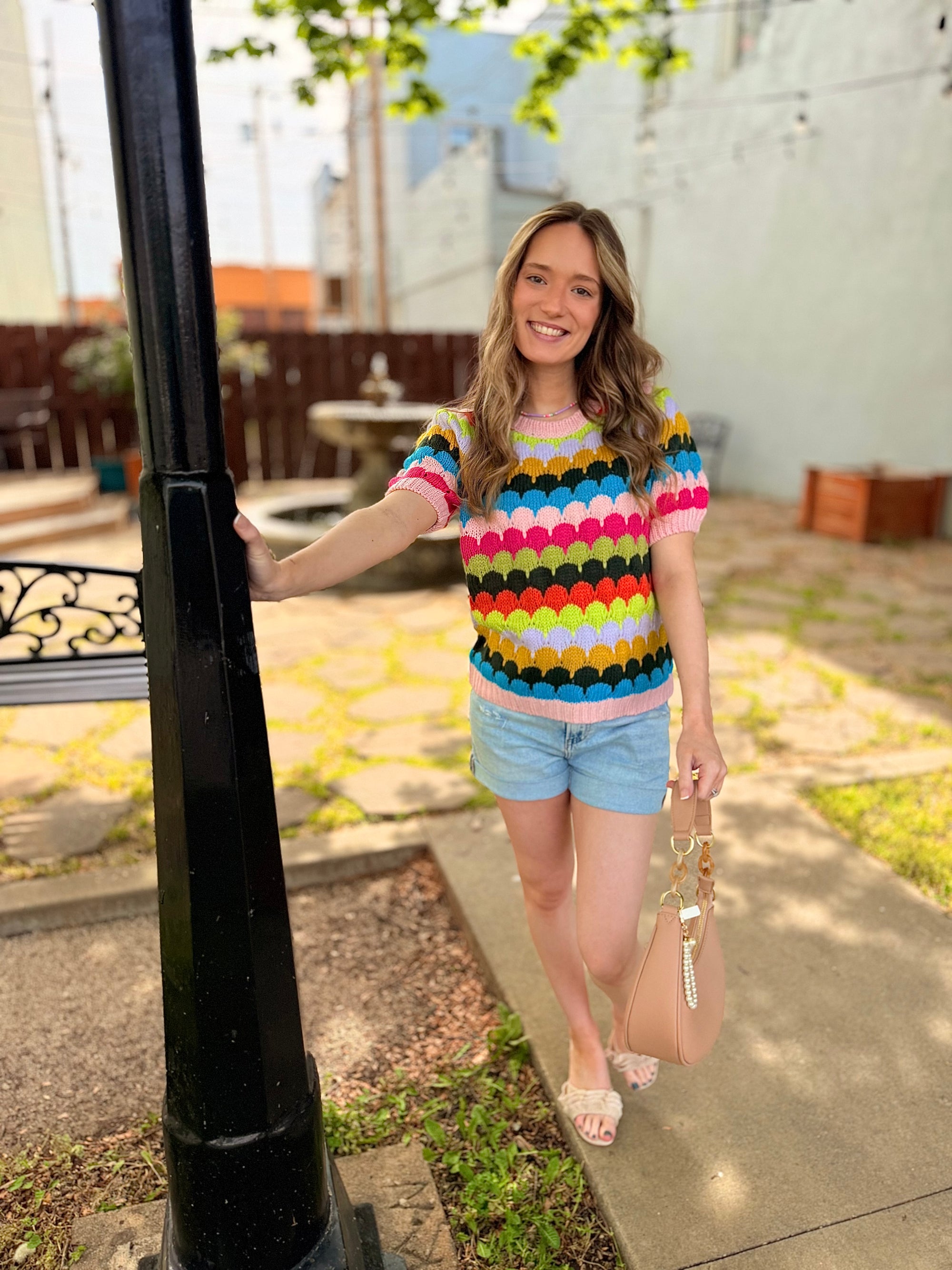 Colorful Knit Short Sleeve Sweater Top