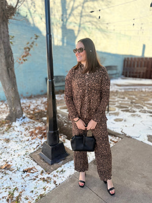 Mocha Leopard Pleated Button Down Top