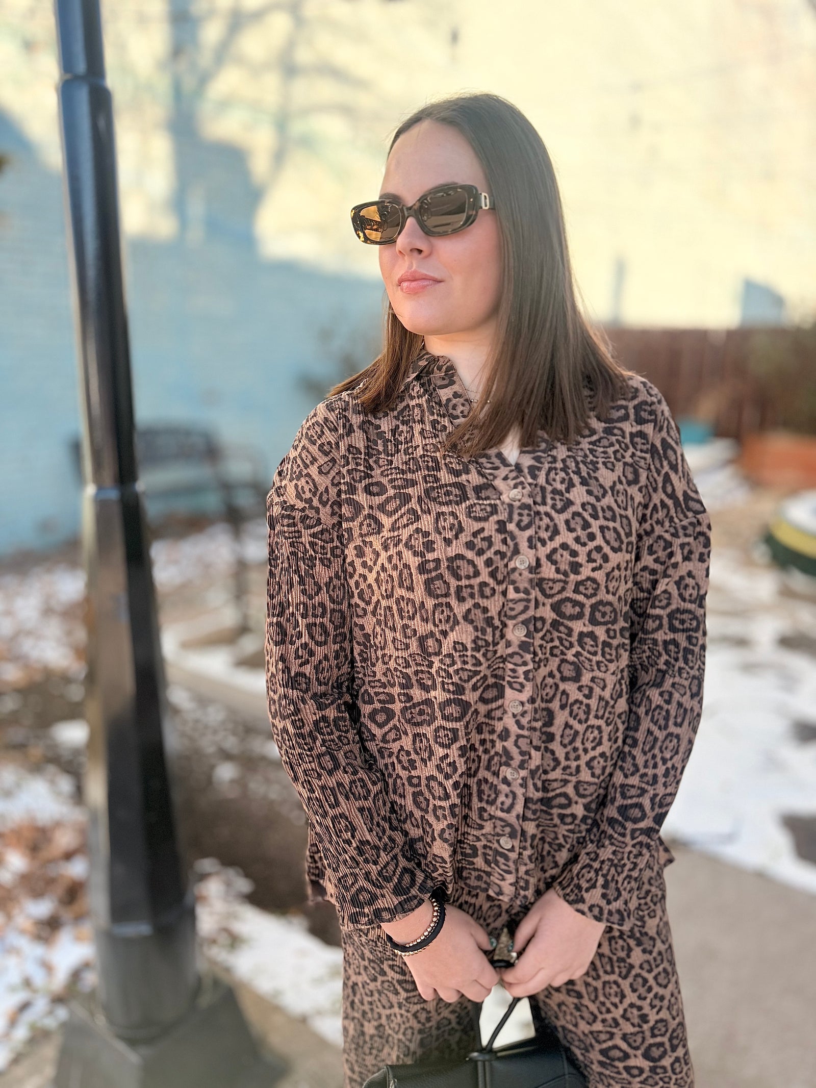 Mocha Leopard Pleated Button Down Top