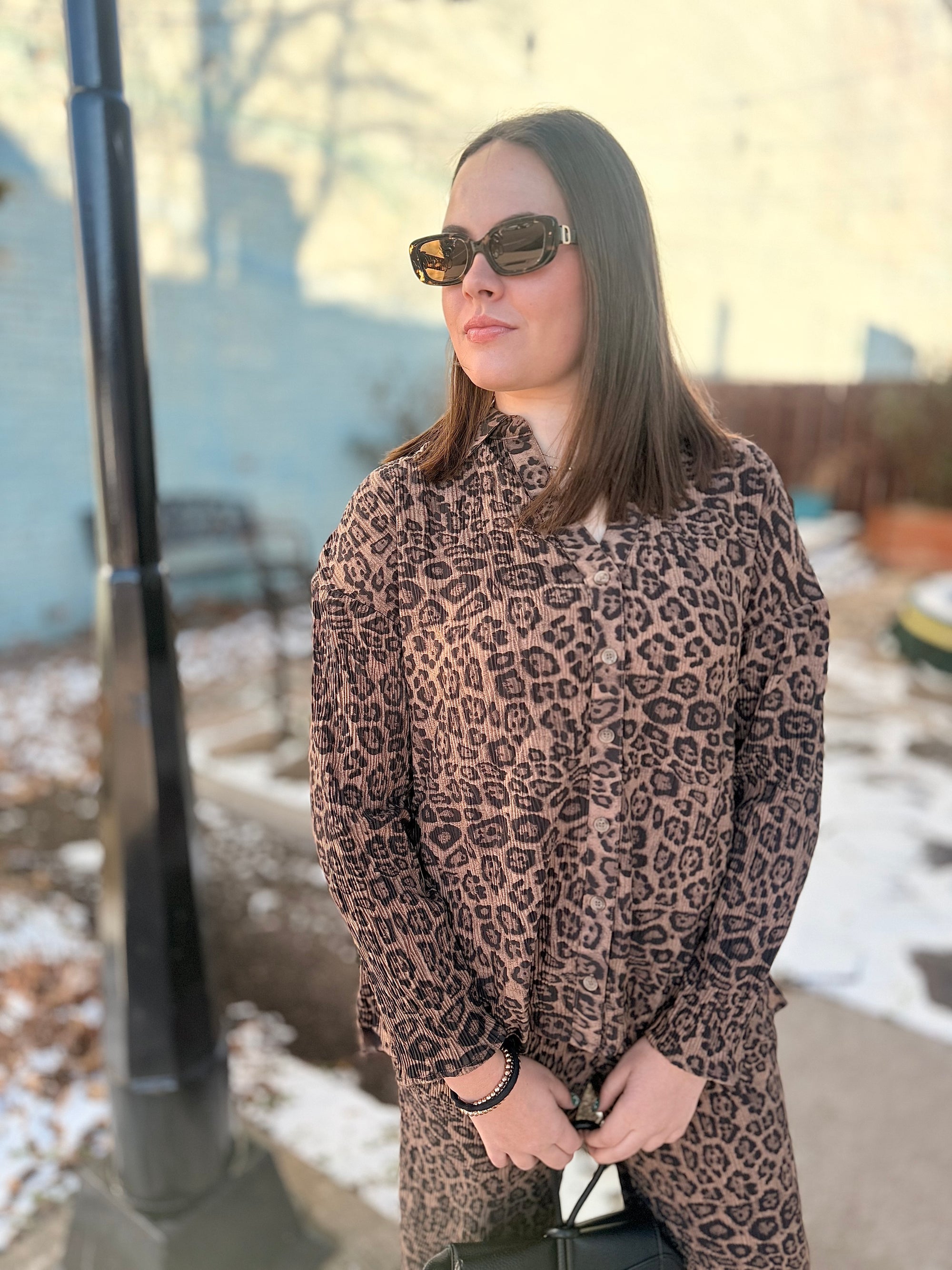 Mocha Leopard Pleated Button Down Top