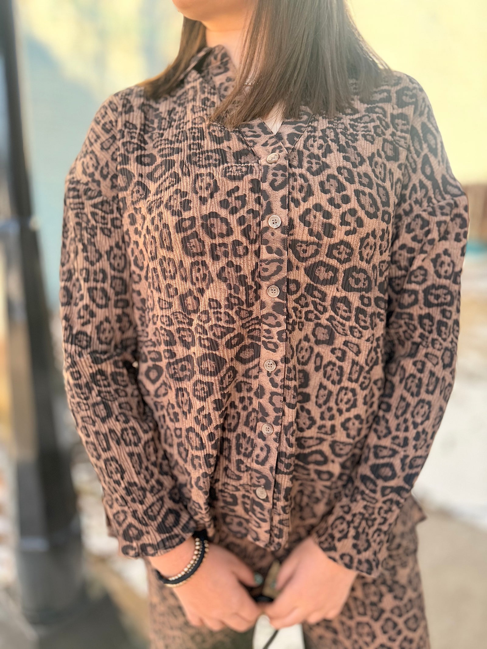 Mocha Leopard Pleated Button Down Top