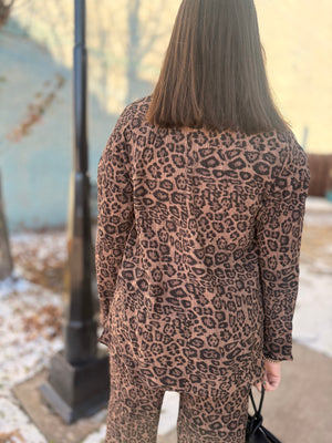 Mocha Leopard Pleated Button Down Top