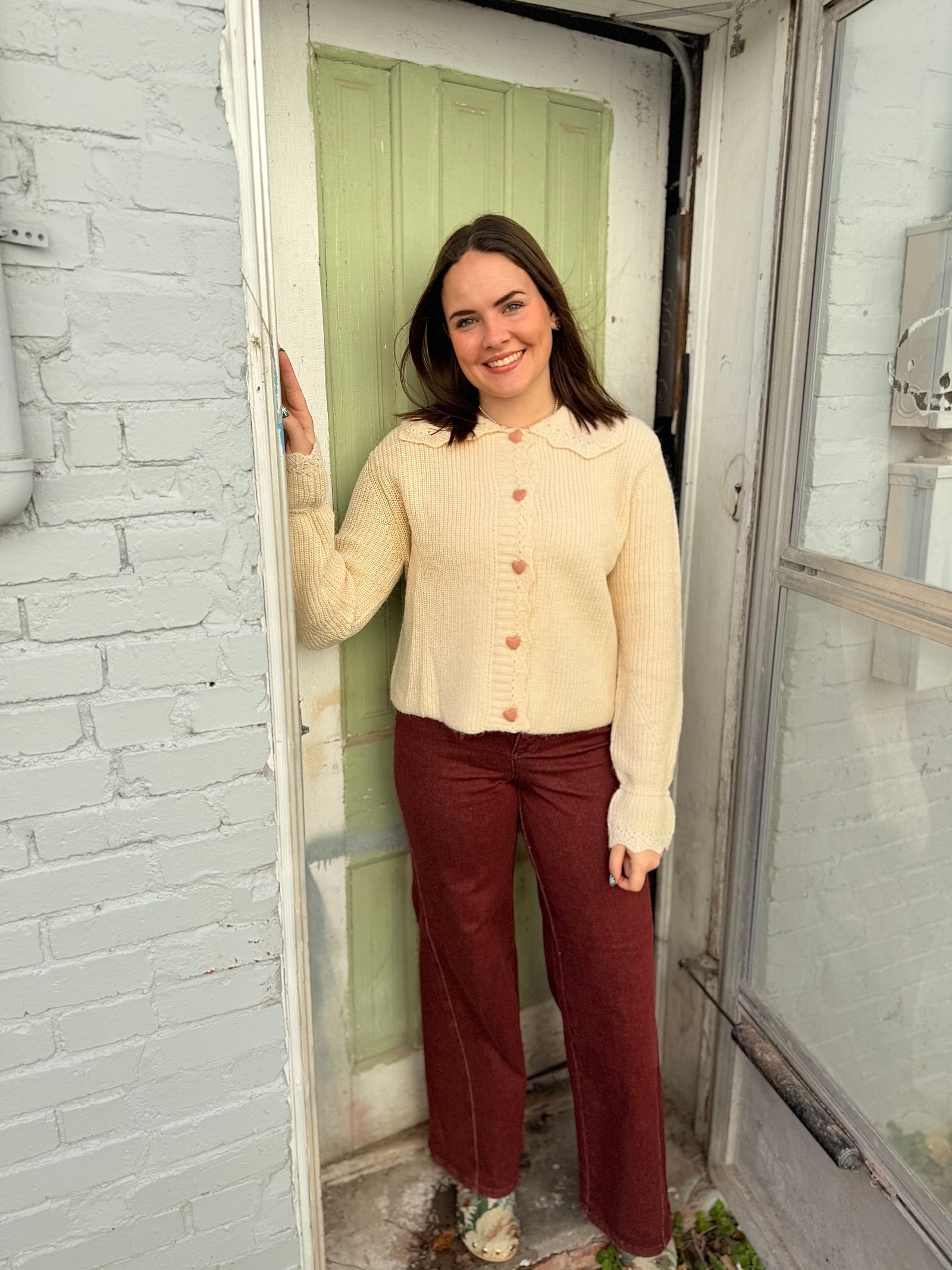 Cream Knit Sweater w/ Heart Knit Buttons