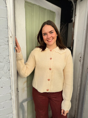 Cream Knit Sweater w/ Heart Knit Buttons