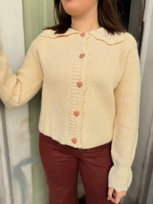 Cream Knit Sweater w/ Heart Knit Buttons