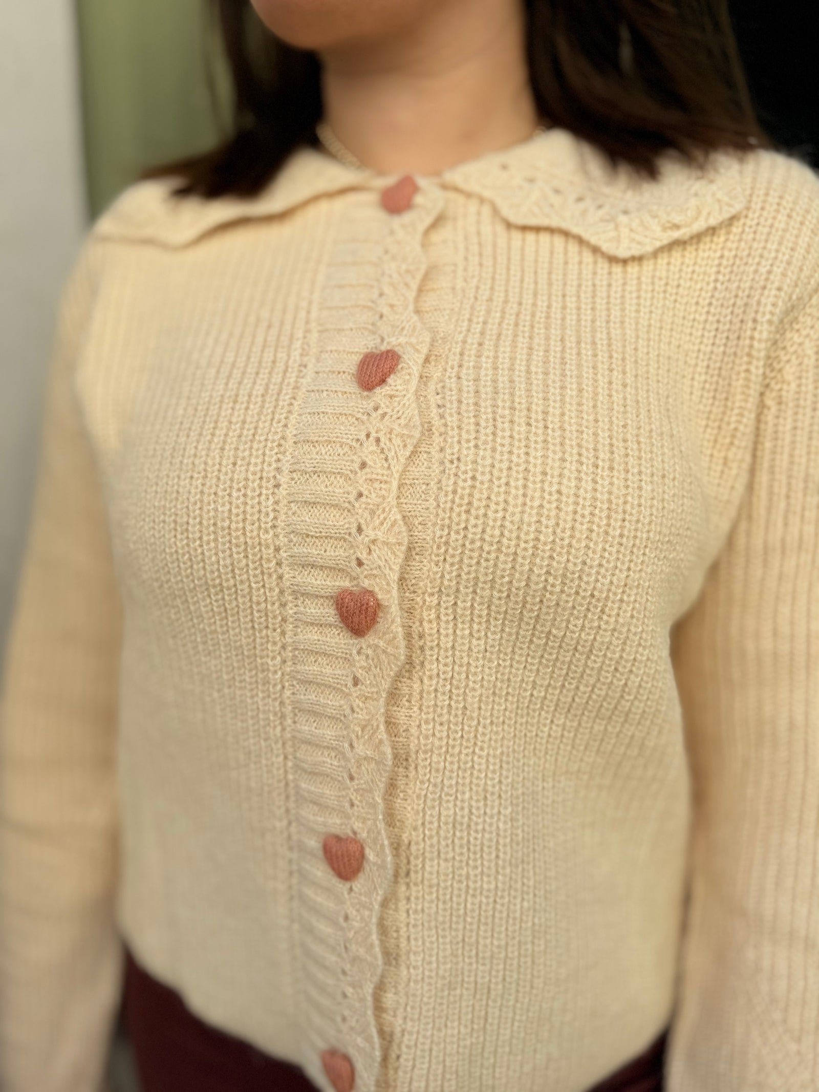 Cream Knit Sweater w/ Heart Knit Buttons