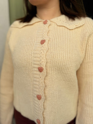 Cream Knit Sweater w/ Heart Knit Buttons