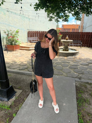 Olivaceous Ruffled Edge Washed Black Romper