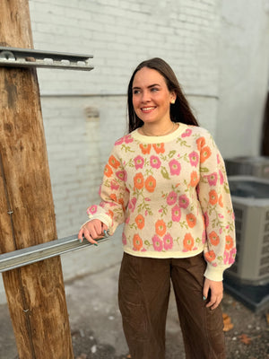 Cream Vivid Floral Knit Sweater