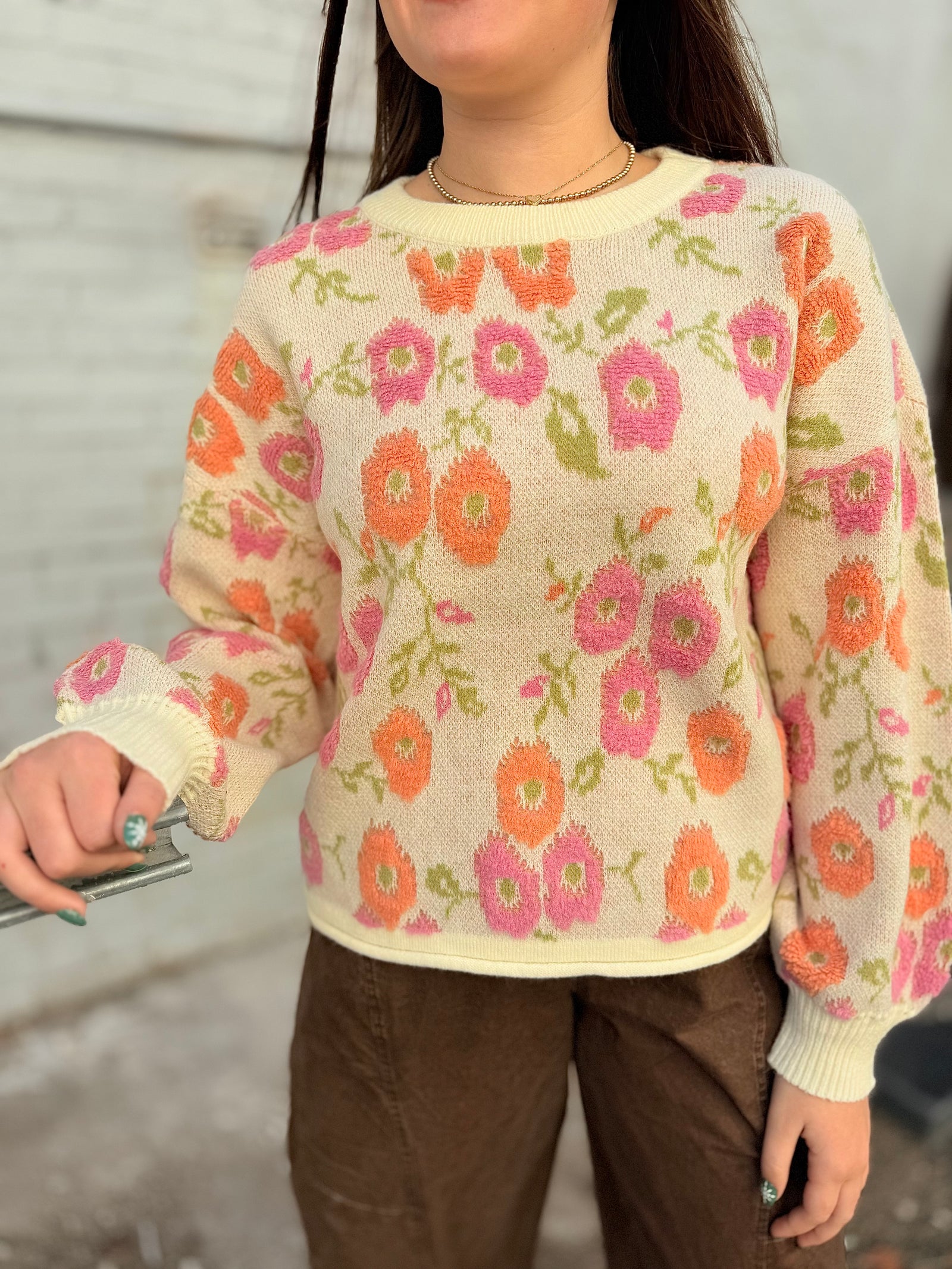 Cream Vivid Floral Knit Sweater