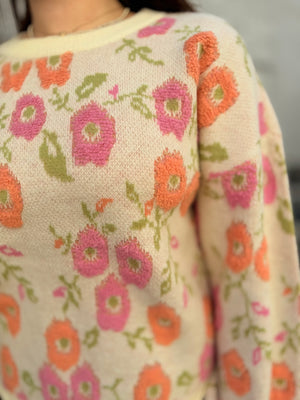 Cream Vivid Floral Knit Sweater