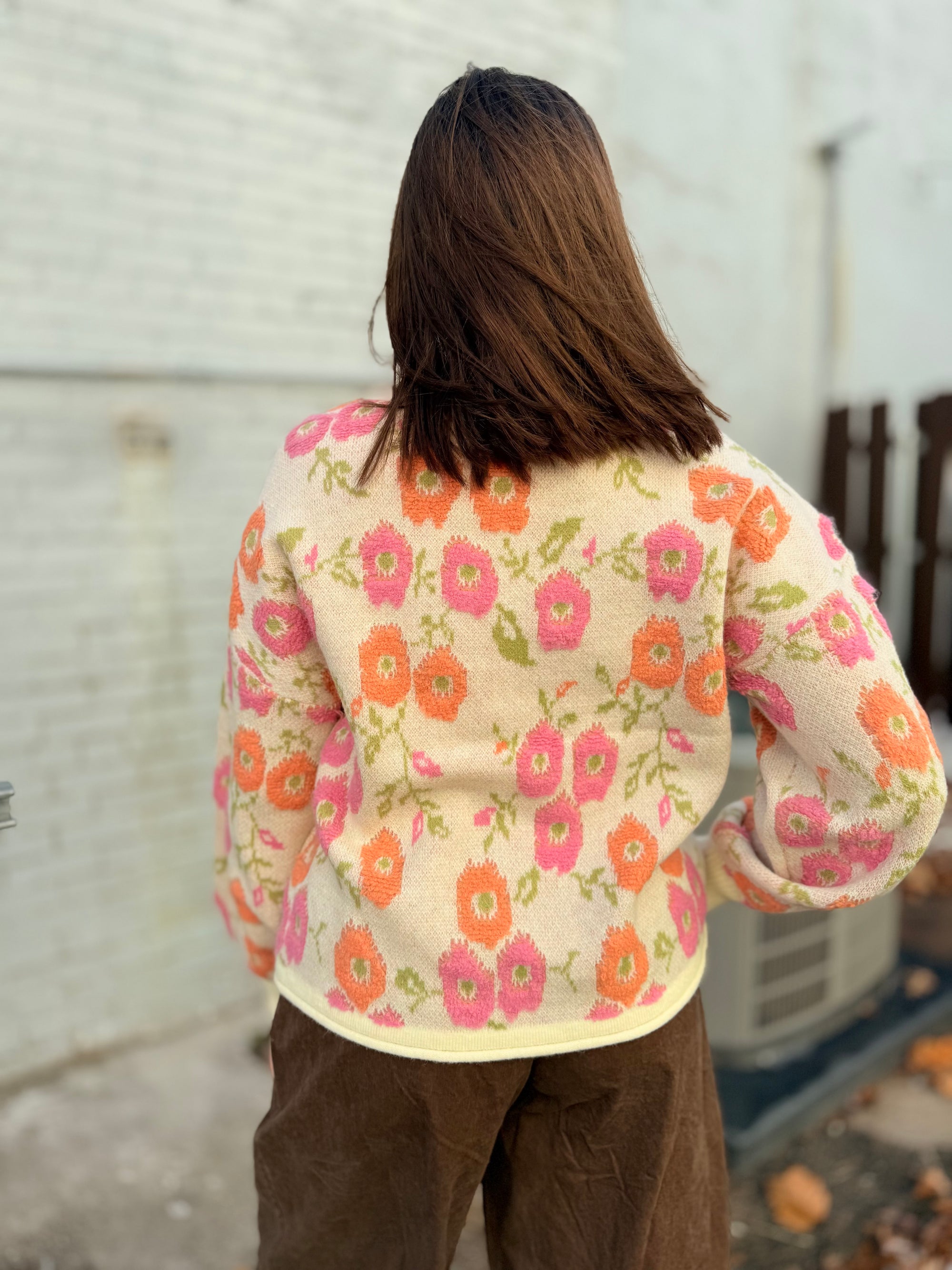 Cream Vivid Floral Knit Sweater