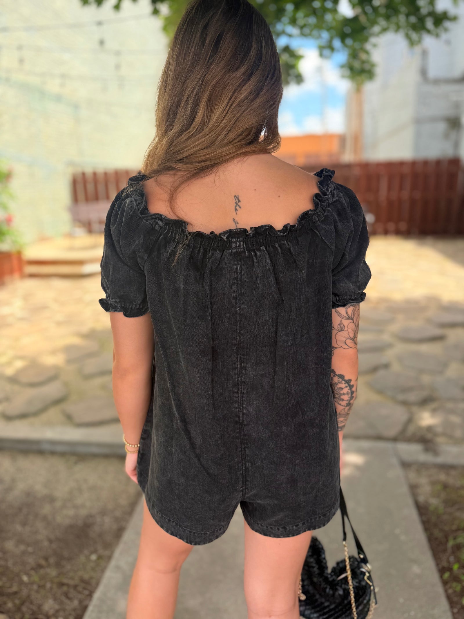 Olivaceous Ruffled Edge Washed Black Romper
