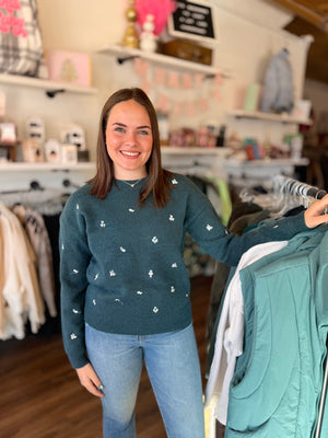 Teal Soft Knit Sweater w/ Embroidered Flowers