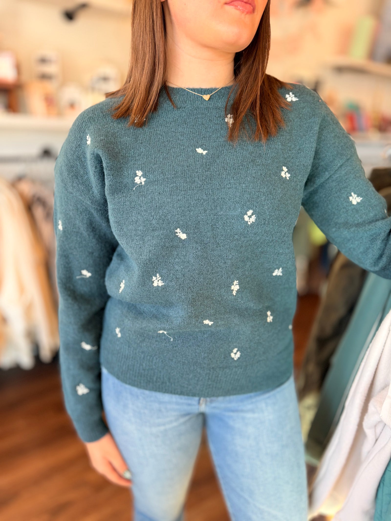 Teal Soft Knit Sweater w/ Embroidered Flowers