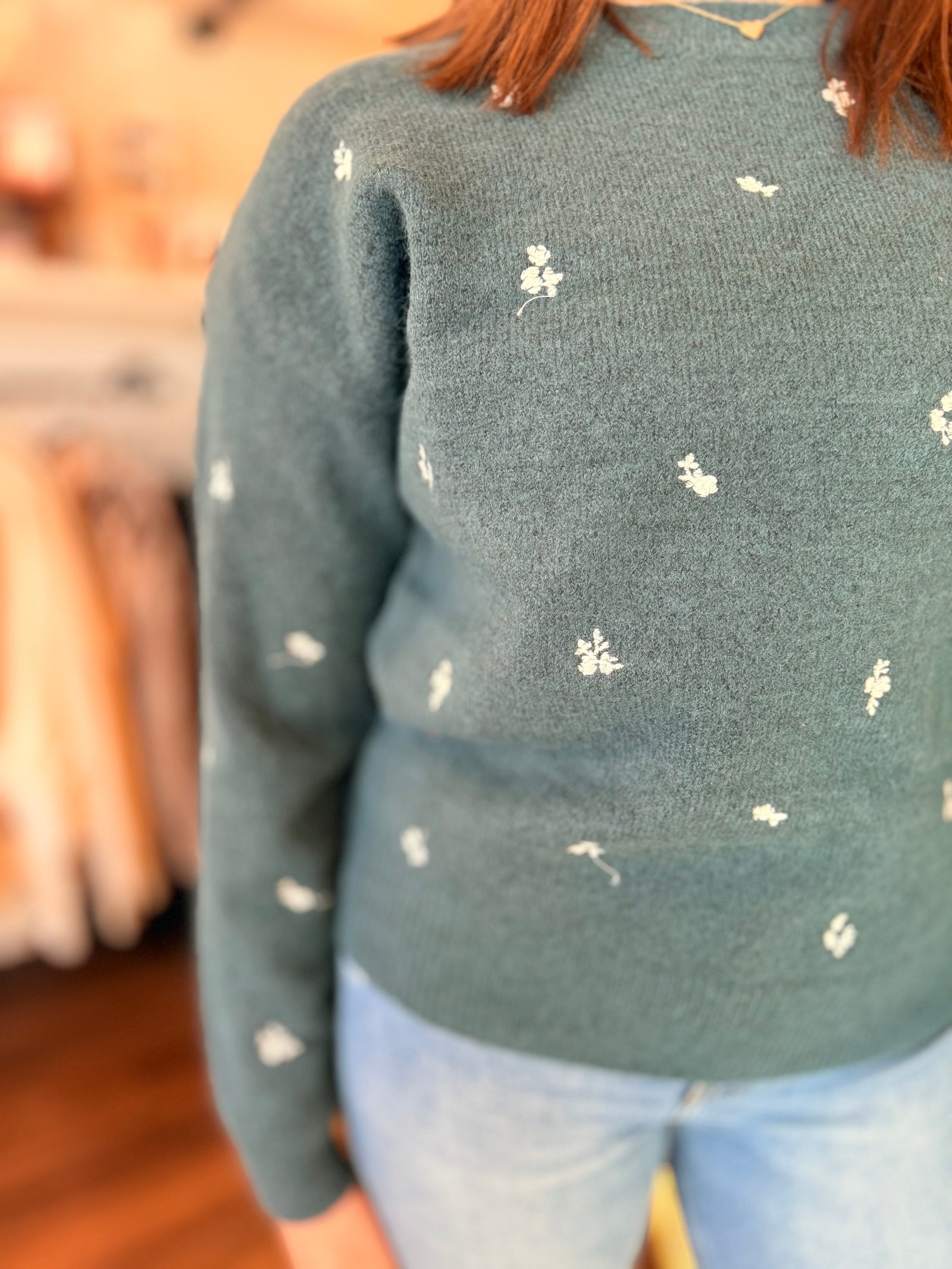 Teal Soft Knit Sweater w/ Embroidered Flowers