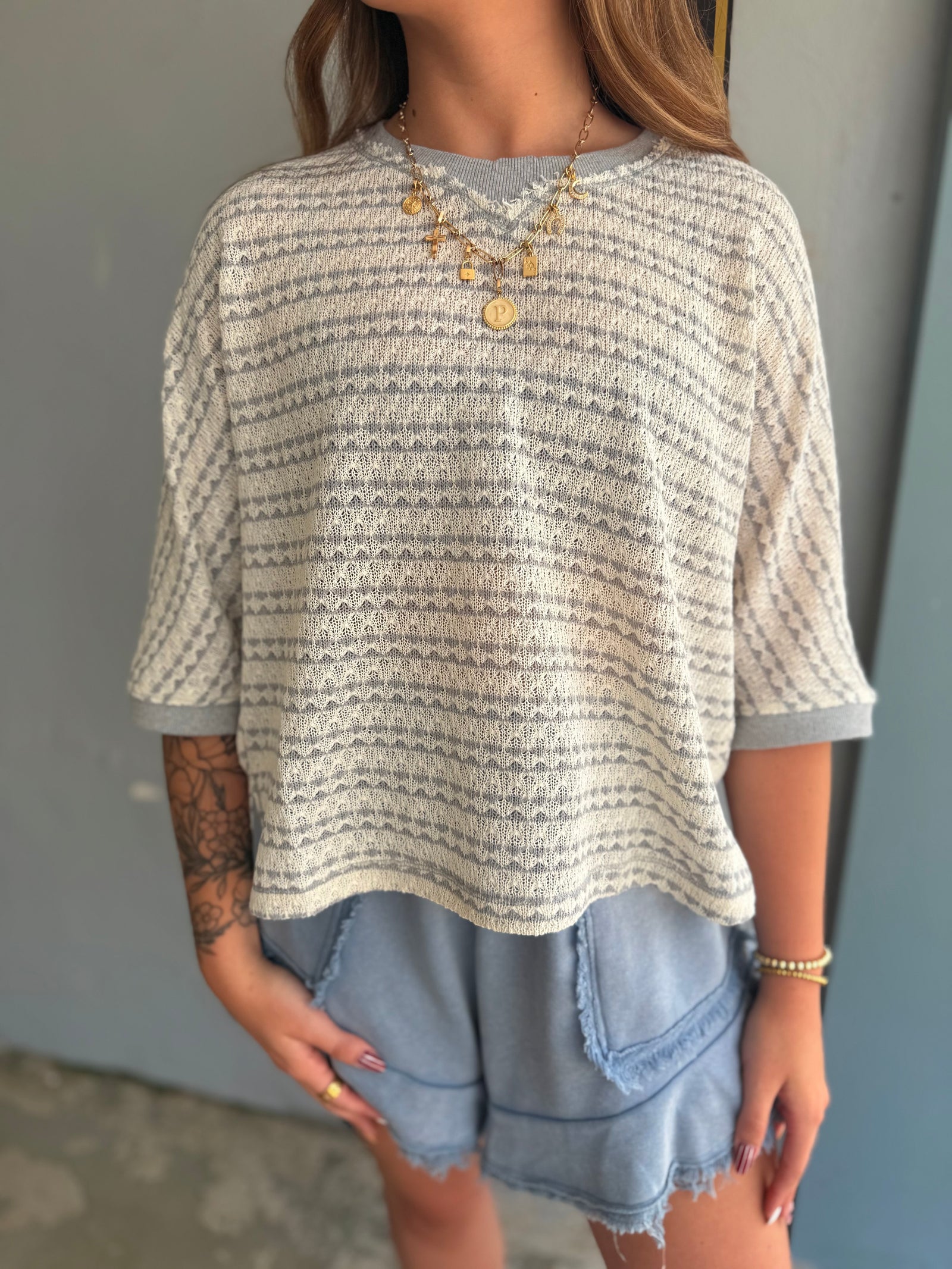 Very J Grey Textured Stripe Knit Top