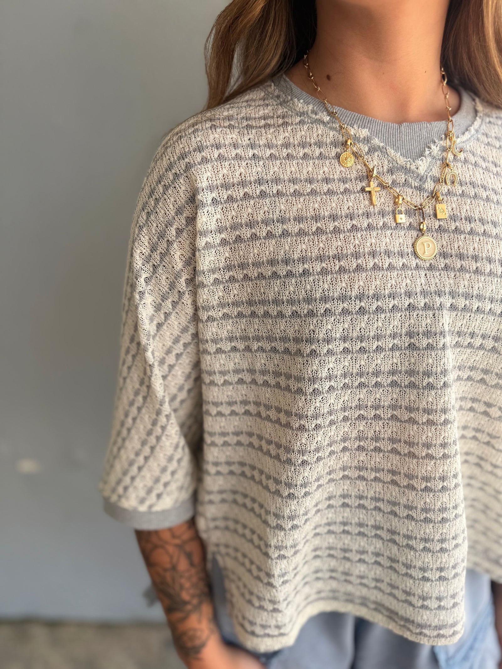 Very J Grey Textured Stripe Knit Top