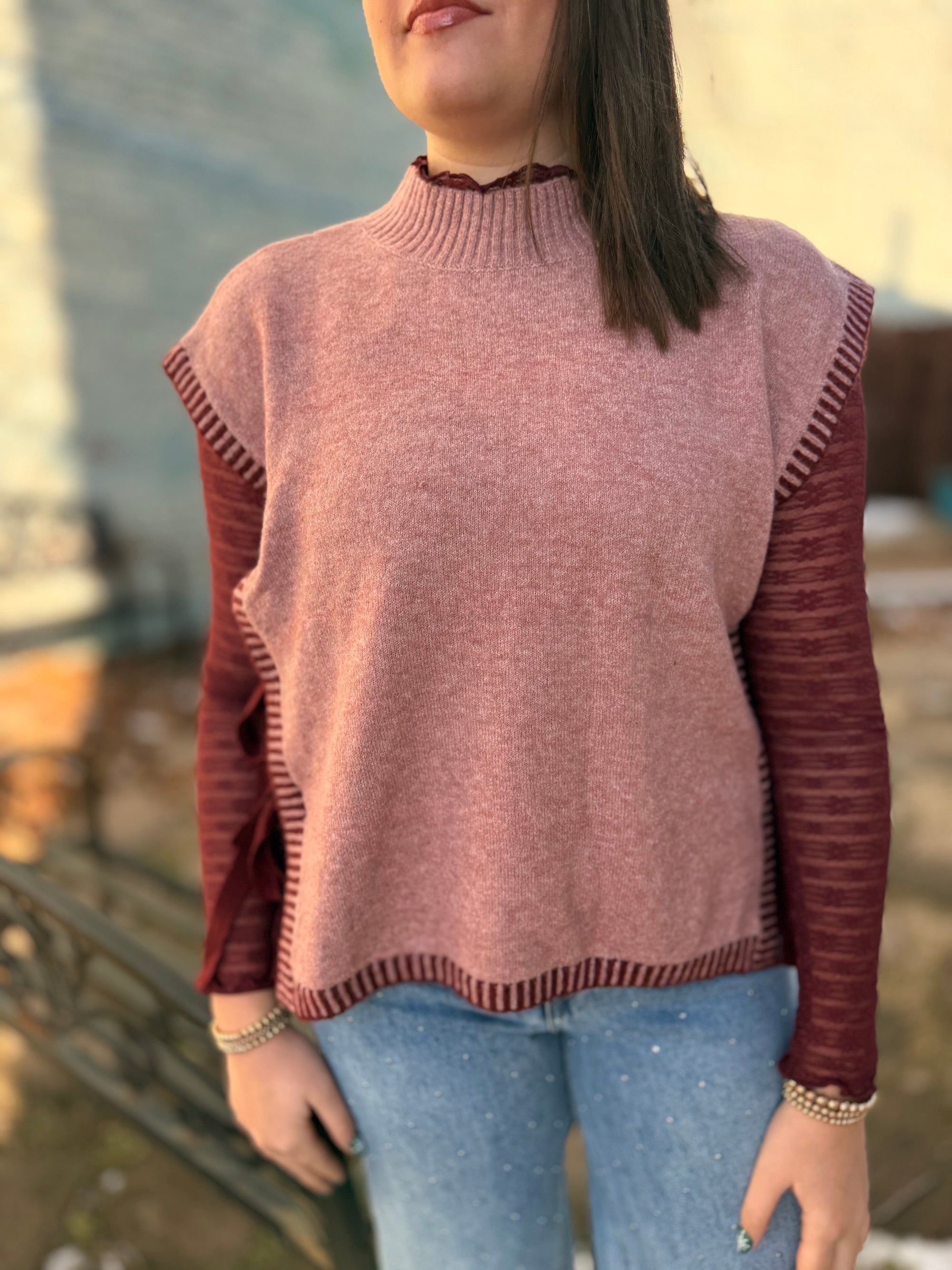 Blush Sweater Vest w/ Maroon Tie Detail
