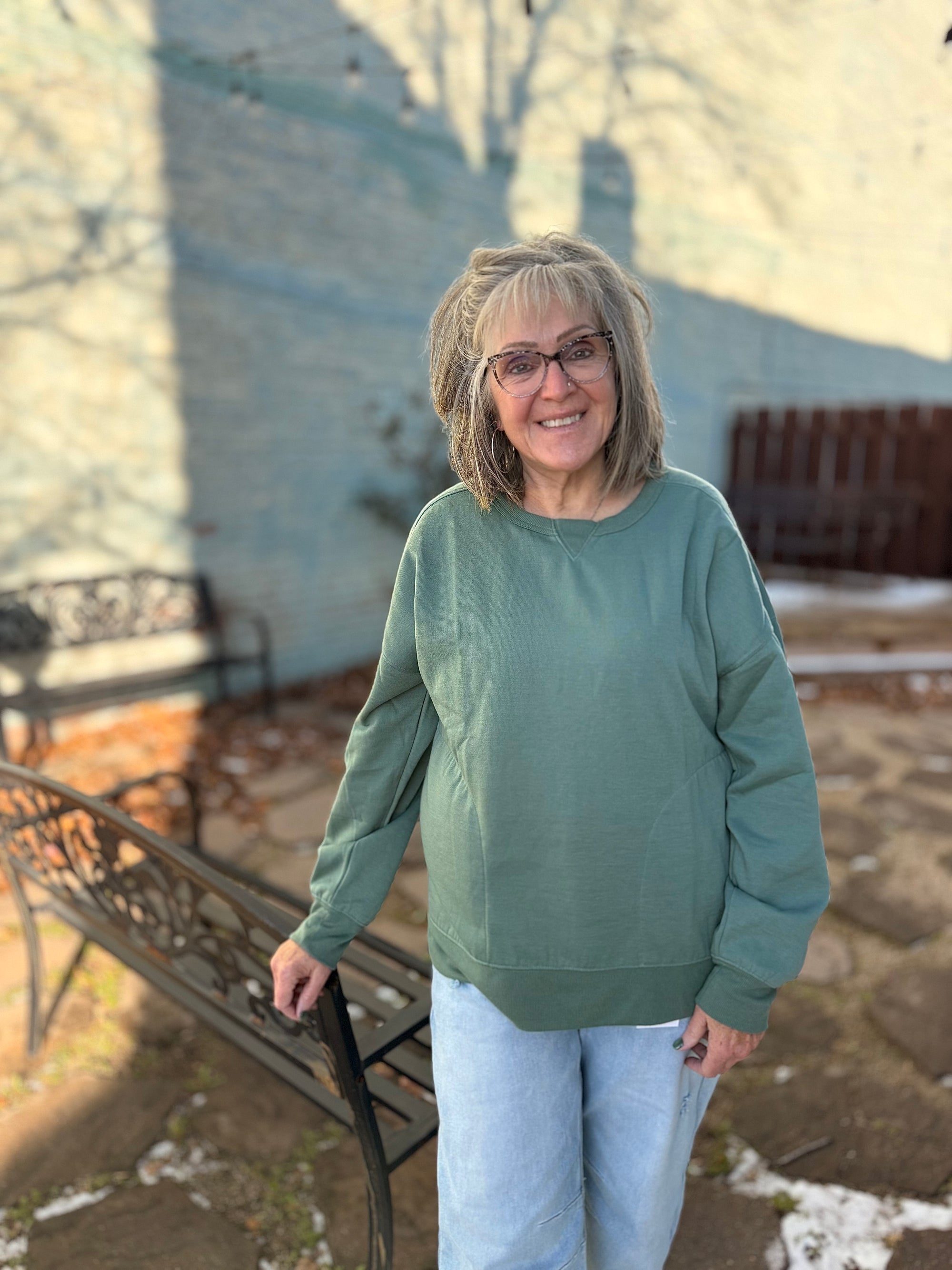 Sage Oversized Crewneck Top w/ Front Pockets