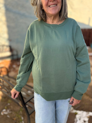 Sage Oversized Crewneck Top w/ Front Pockets