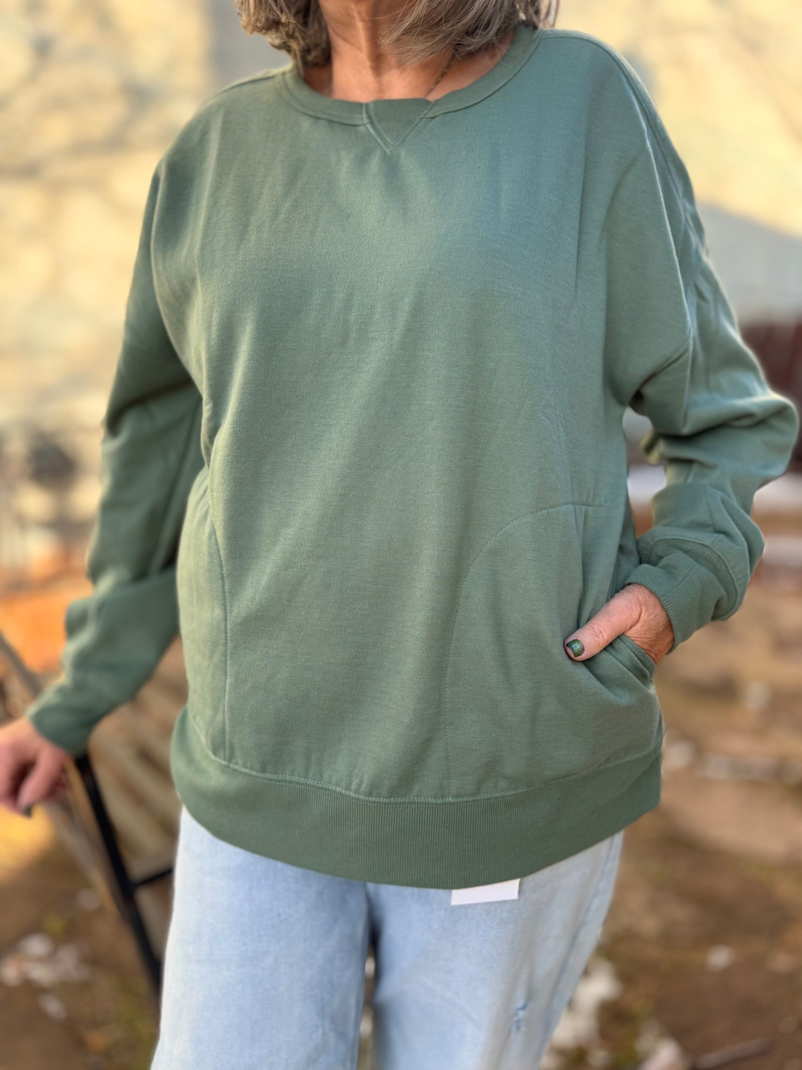 Sage Oversized Crewneck Top w/ Front Pockets