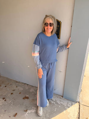 Blue Casual Top w/ Stripe Detail