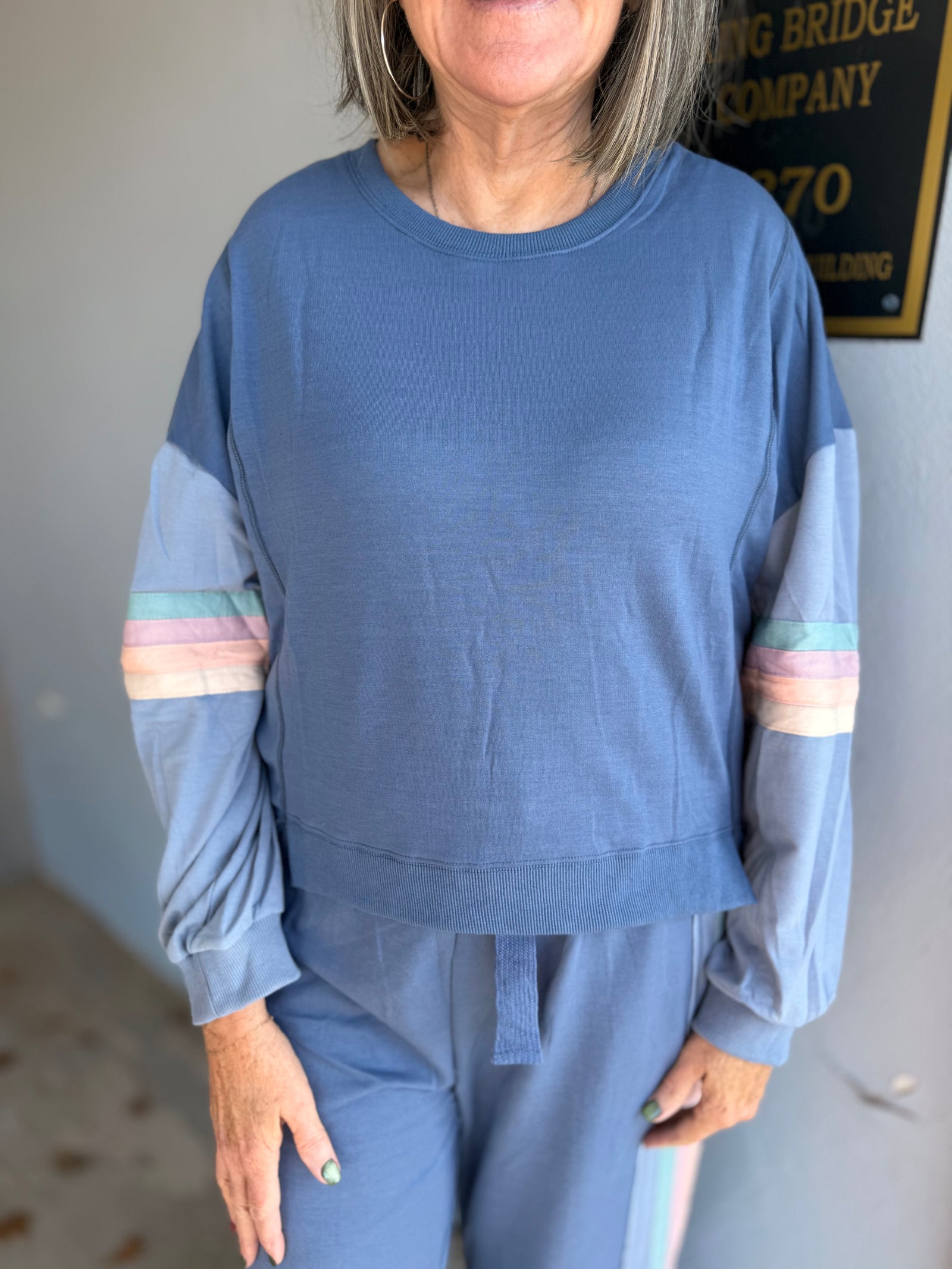 Blue Casual Top w/ Stripe Detail