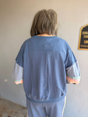 Blue Casual Top w/ Stripe Detail