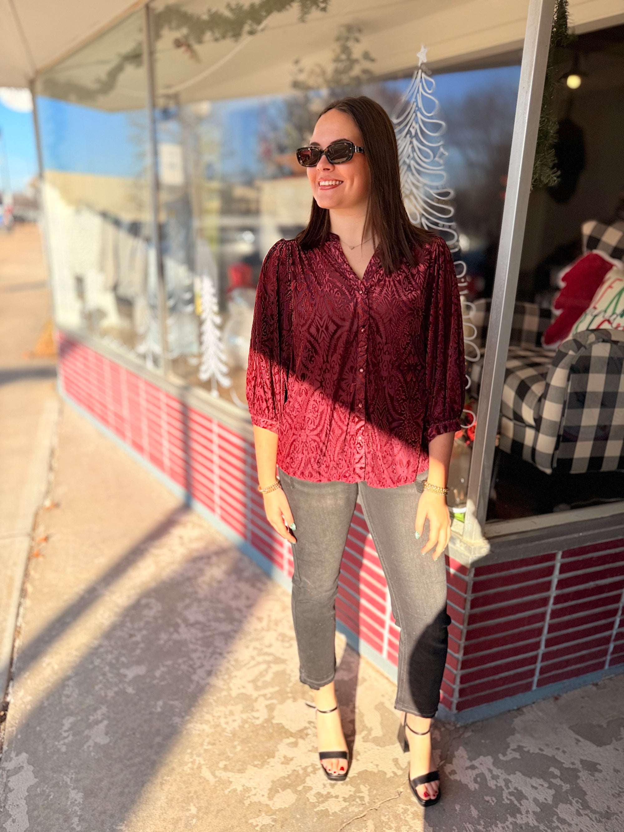 Umgee Maroon Burnout Velvet Button Down Top
