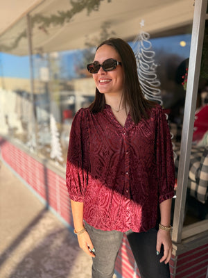 Umgee Maroon Burnout Velvet Button Down Top