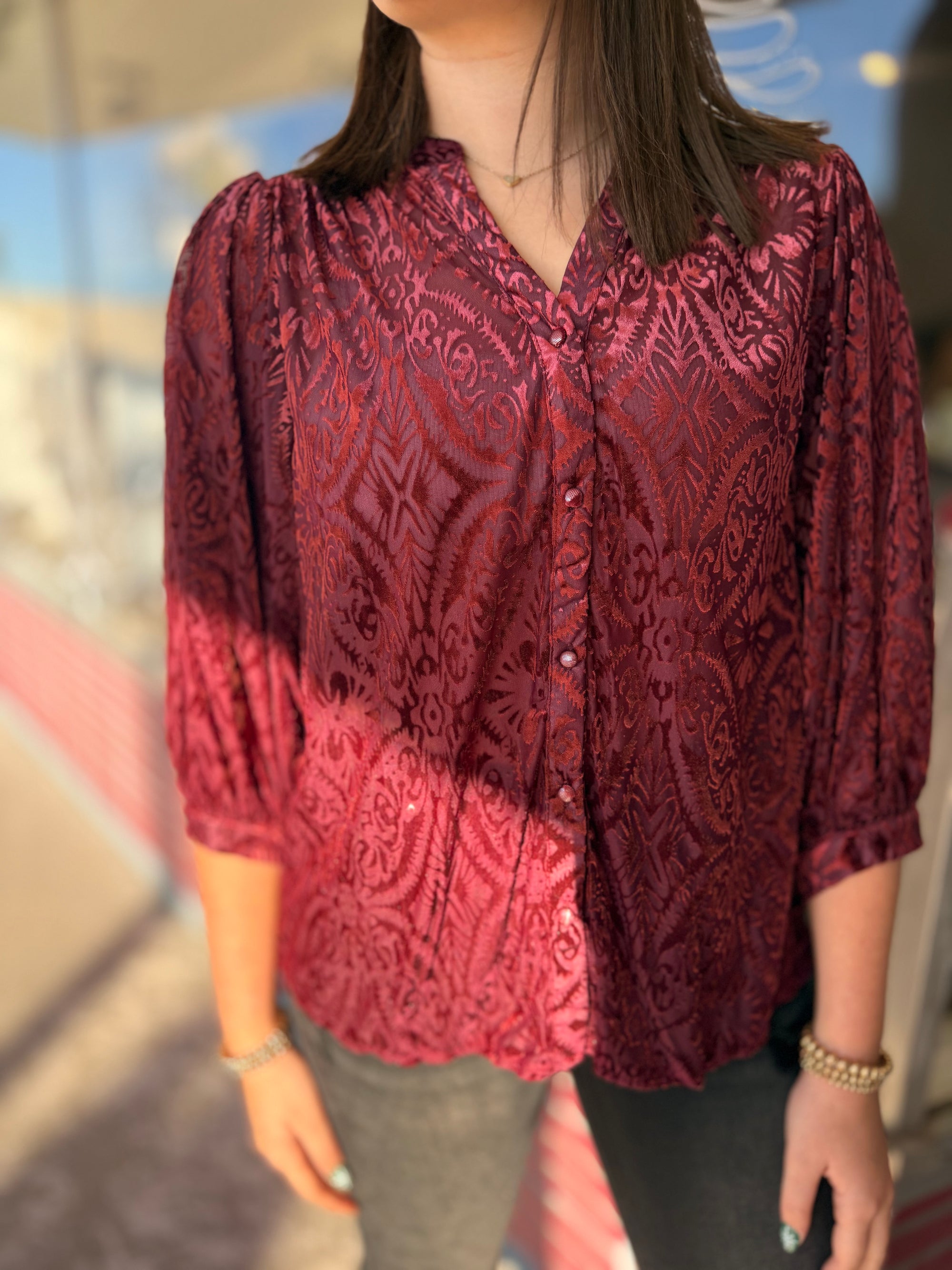 Umgee Maroon Burnout Velvet Button Down Top