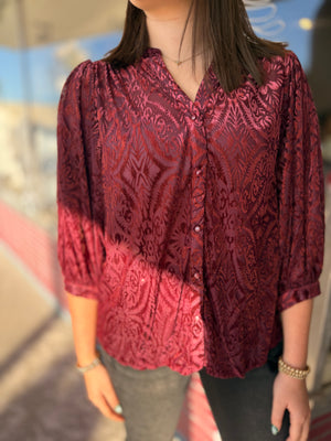Umgee Maroon Burnout Velvet Button Down Top