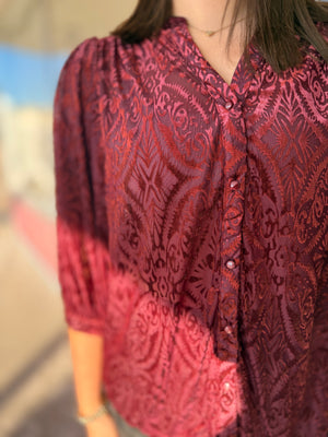 Umgee Maroon Burnout Velvet Button Down Top