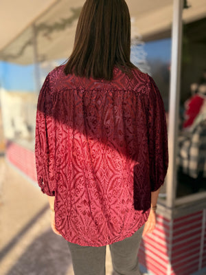 Umgee Maroon Burnout Velvet Button Down Top