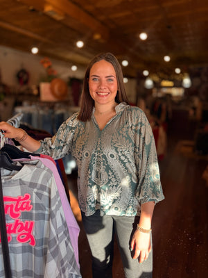 Umgee Sage Velvet Split Neck Top